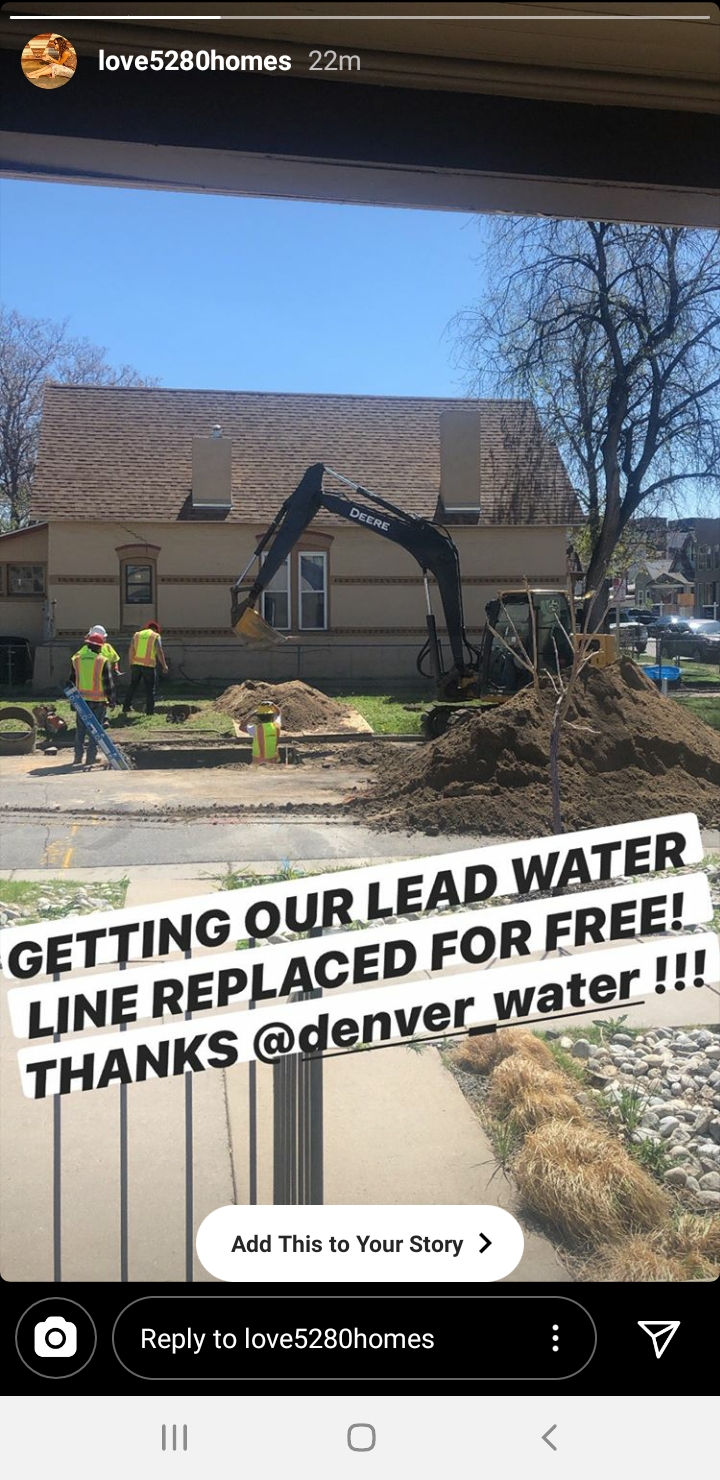 An Instagram post showing workers in a street, with the phrase "Getting our lead water line replaced for free! Thanks @denver_water!!!"