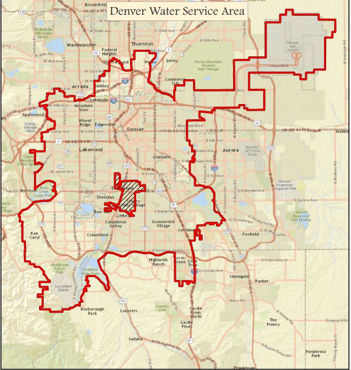 Map showing Denver Water's service area in red superimposed on a map of metro Denver.
