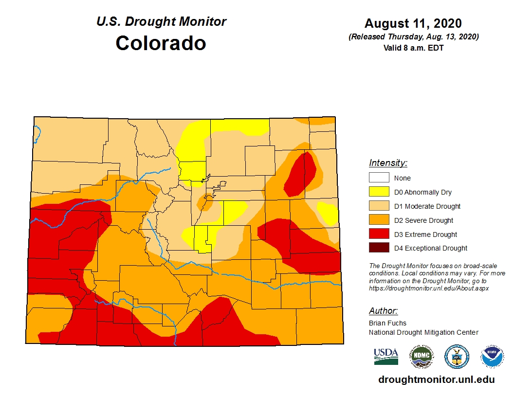 Colorado is a mix of yellow, red and orange, signifying the levels of drought across the state during the summer of 2020.
