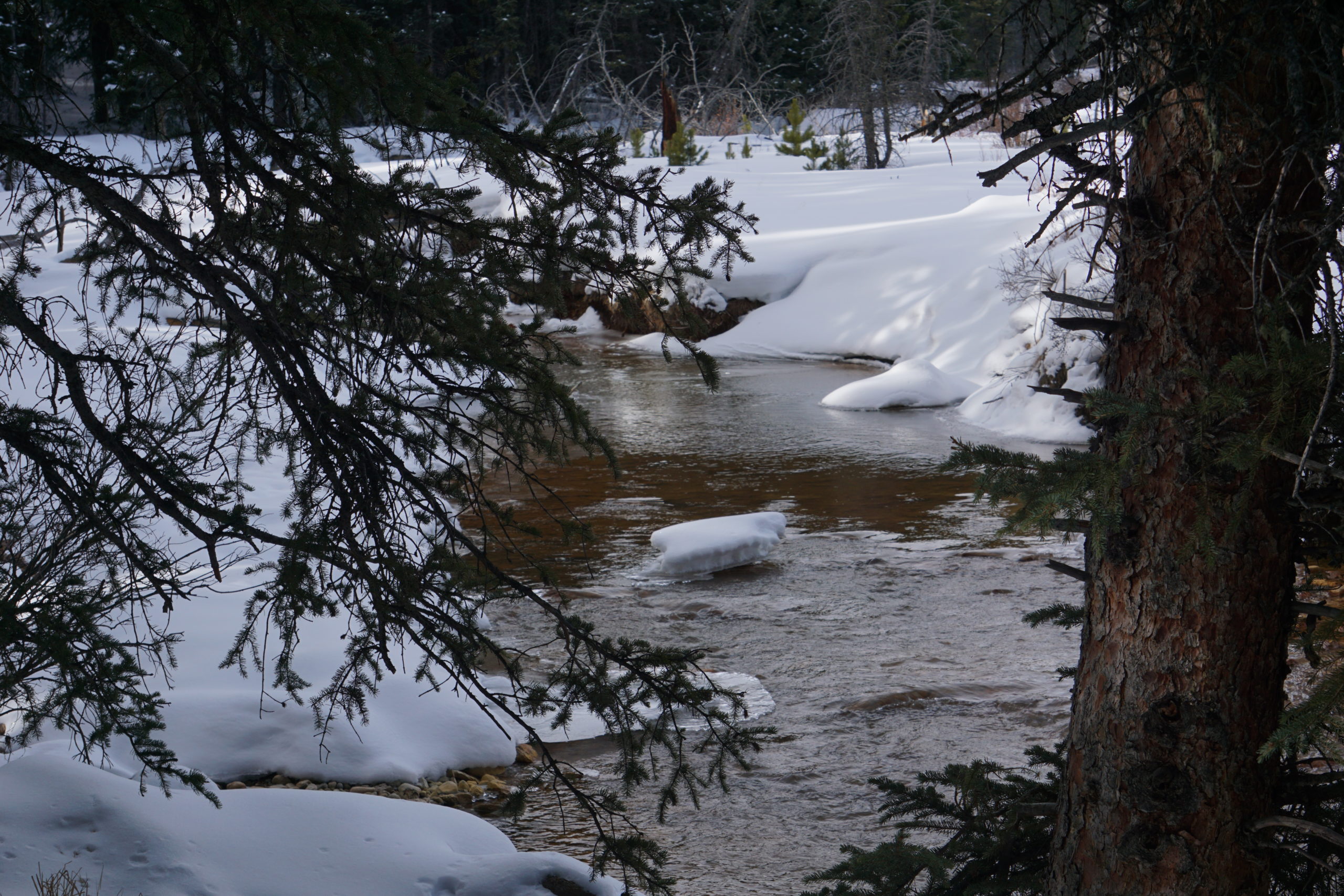 Water flows through a snow field.