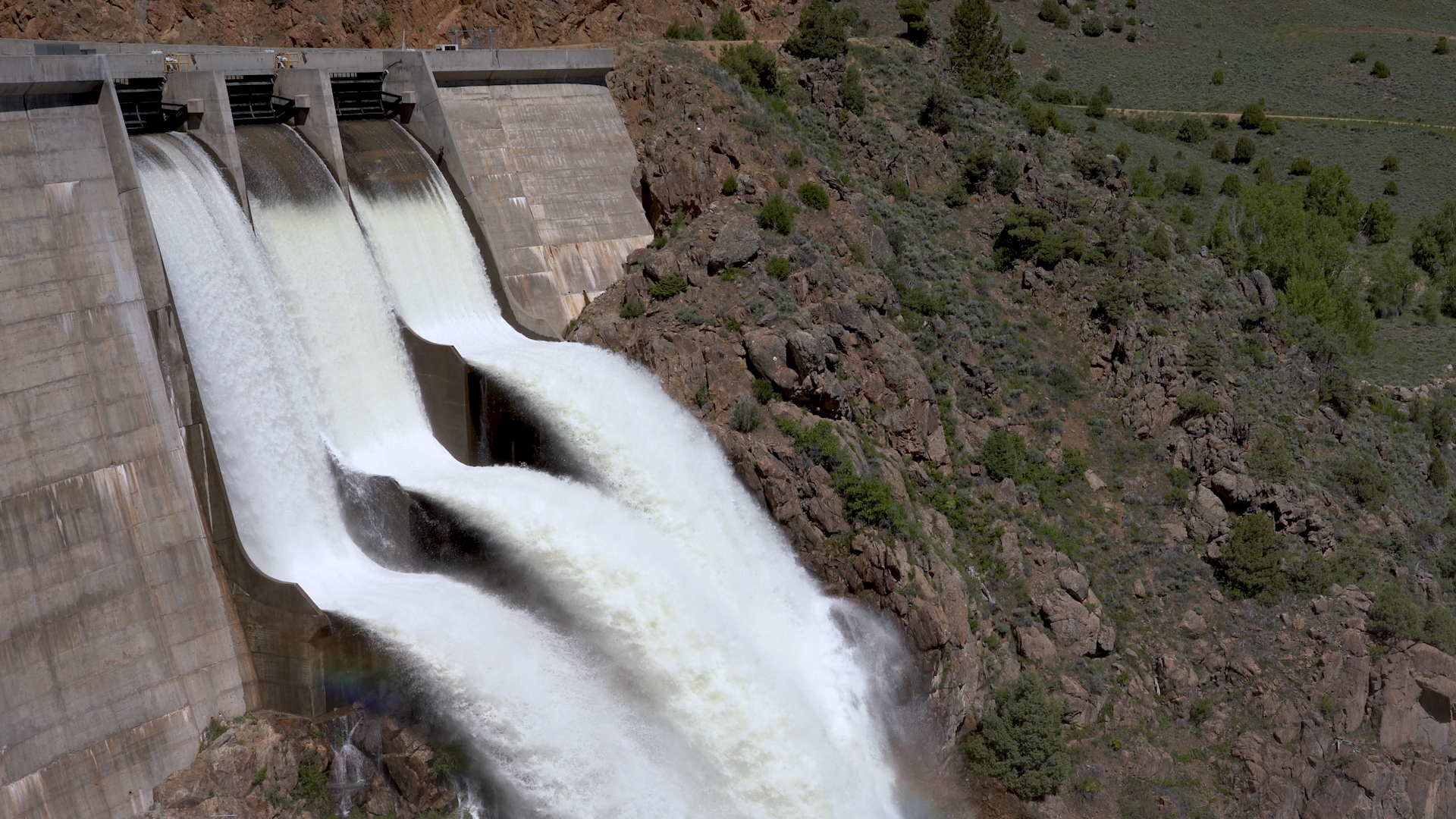 This picture shows water flowing down the dam at Williams Fork Dam.