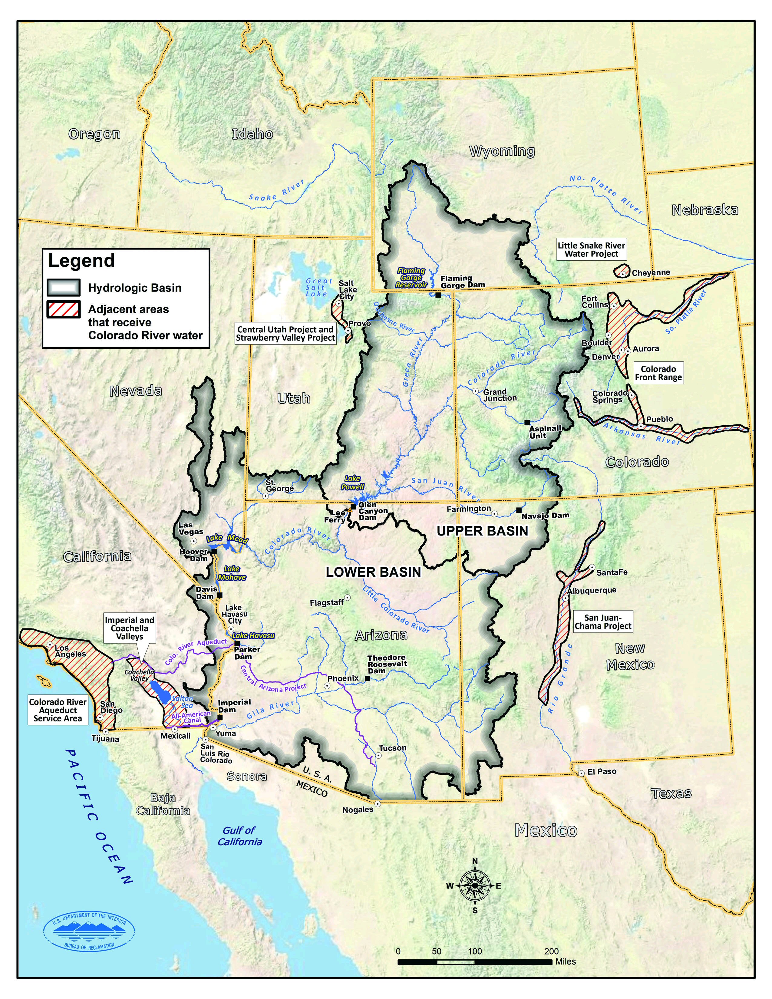 The seven states in the Colorado River Basin were divided into the upper and the lower basin states for water allocation purposes. (Courtesy Bureau of Reclamation)