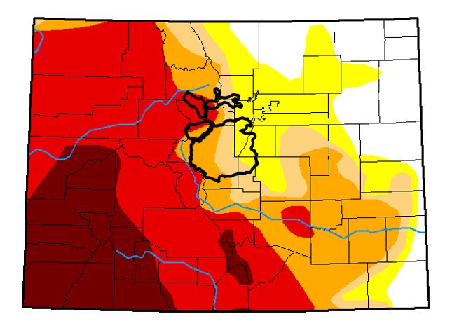 The U.S. Drought Monitor map of Colorado as of Sept. 25, 2018, with Denver Water's supply areas superimposed.