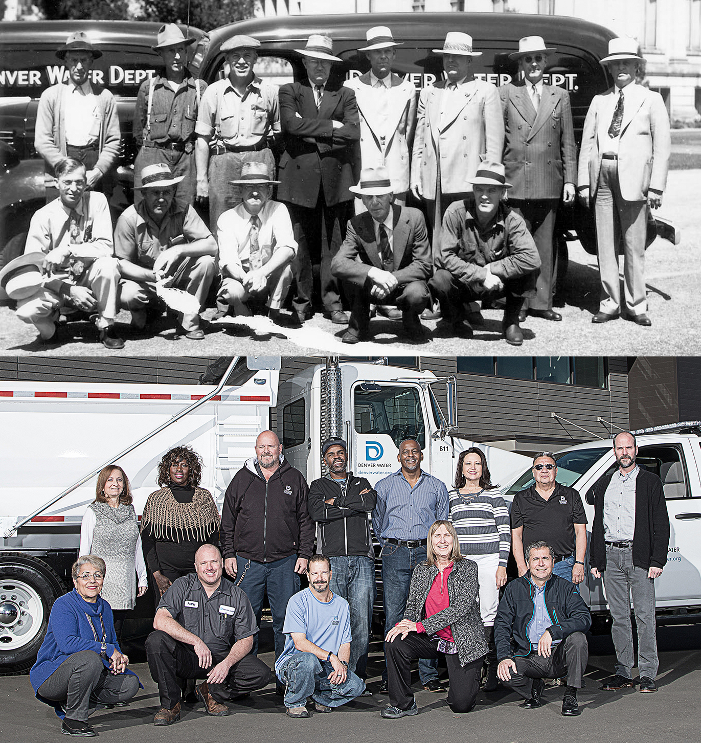 Denver Water fleet crews in the 1930s (top) and a 2018 photo reenactment with current employees.