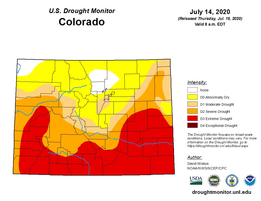 An angry splotch of red signals "extreme drought" conditions along the southern portions of Colorado, with the rest of the state also experiencing dry conditions.