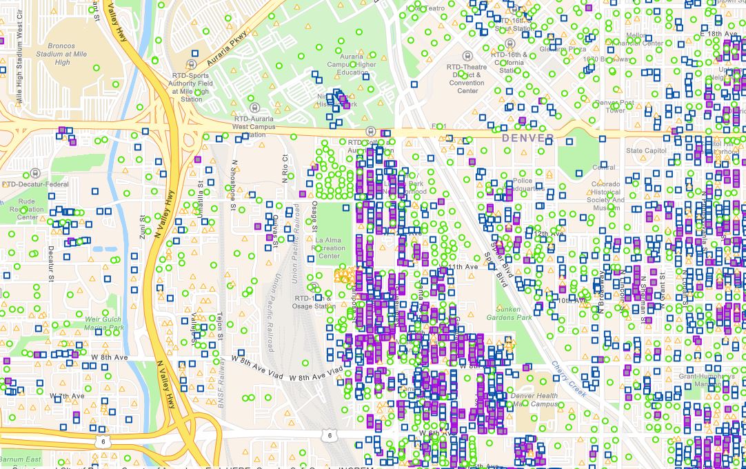 A screenshot from Denver Water's Lead Reduction Program's interactive map showing where lead service lines are believed to be located. Image credit: Denver Water.