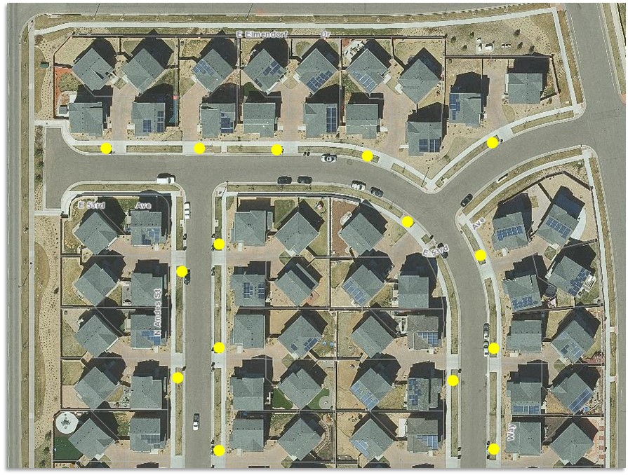 This aerial view shows how dense developments are currently being metered: One meter to every four houses as shown with the yellow dots. This is tough for consumers, who rely on their HOAs to split the bills equally and often can’t tell if they’re using water efficiently.