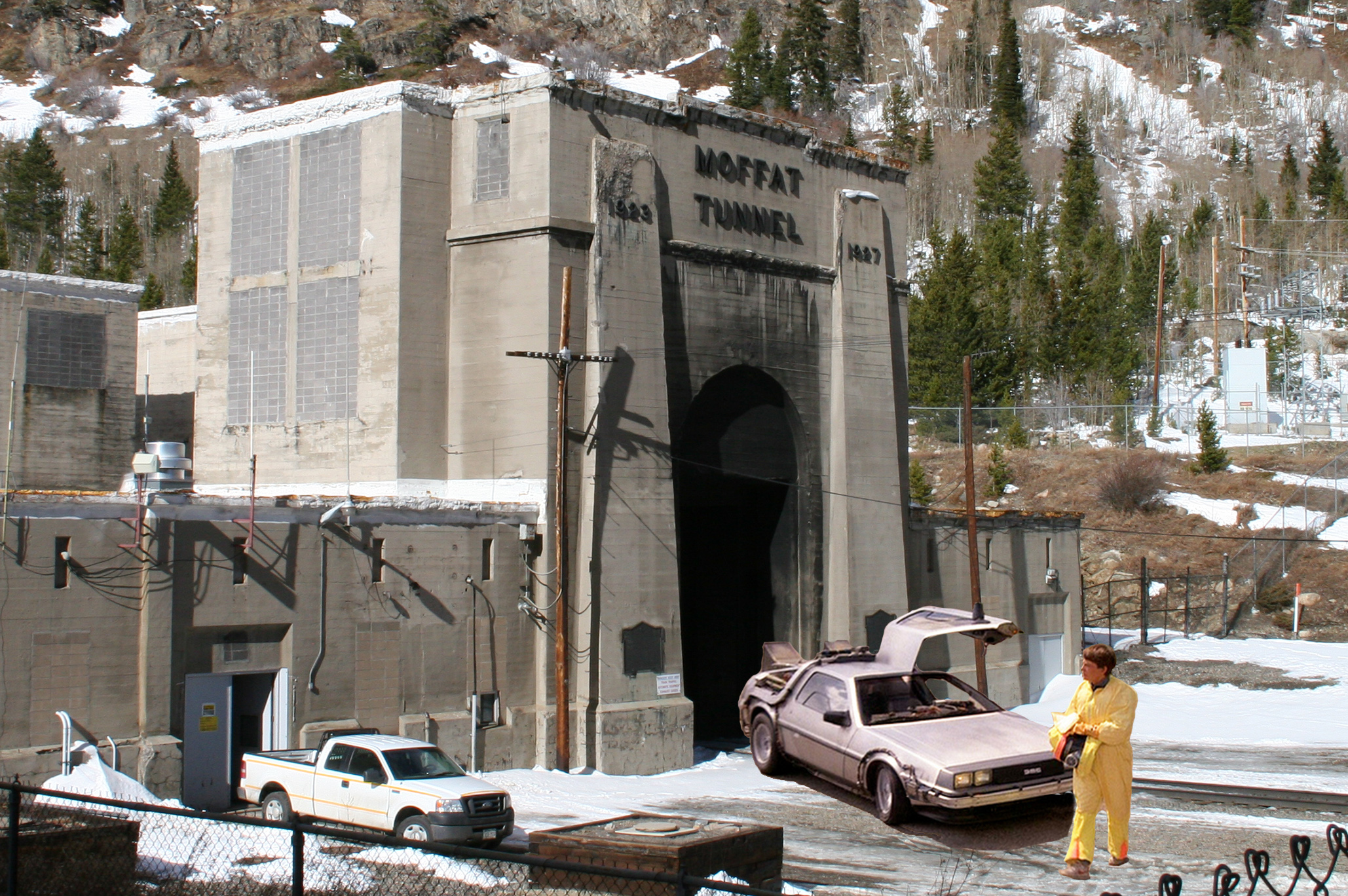 A DeLorean parked outfront of the Moffat Tunnel?