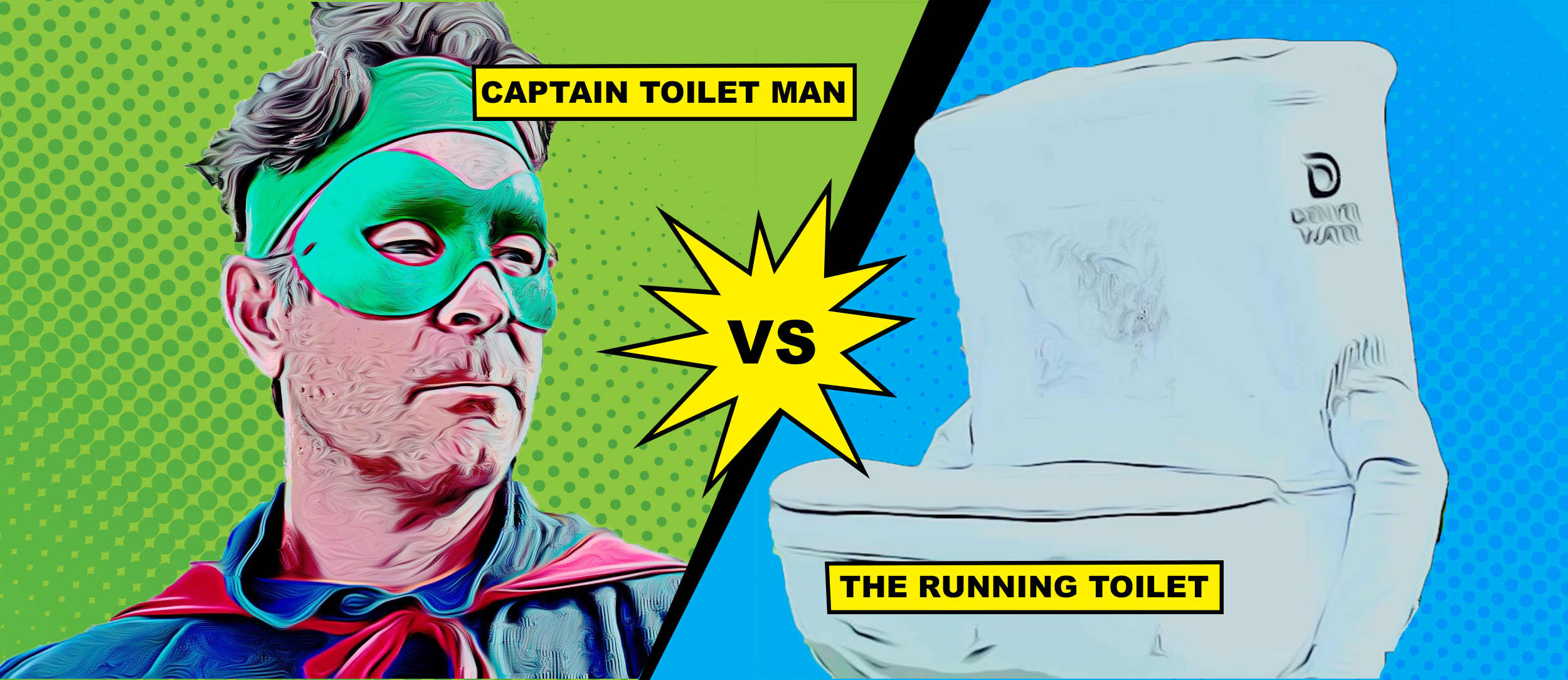 A man in a mask and cape faces a Denver Water toilet costume.