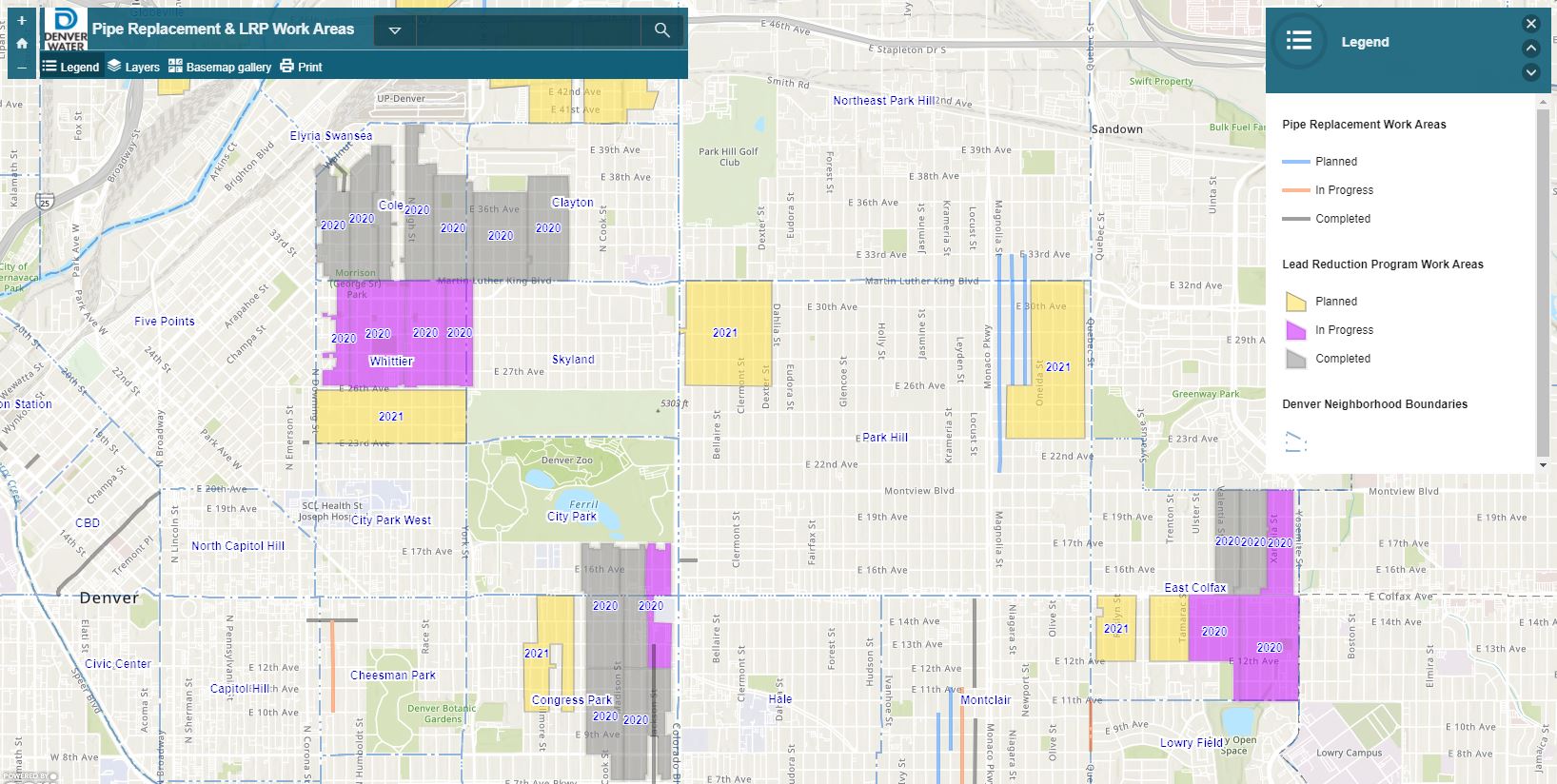 A screenshot of the map showing areas targeted for lead service line replacement work in 2020 and 2021. Image credit: Denver Water.