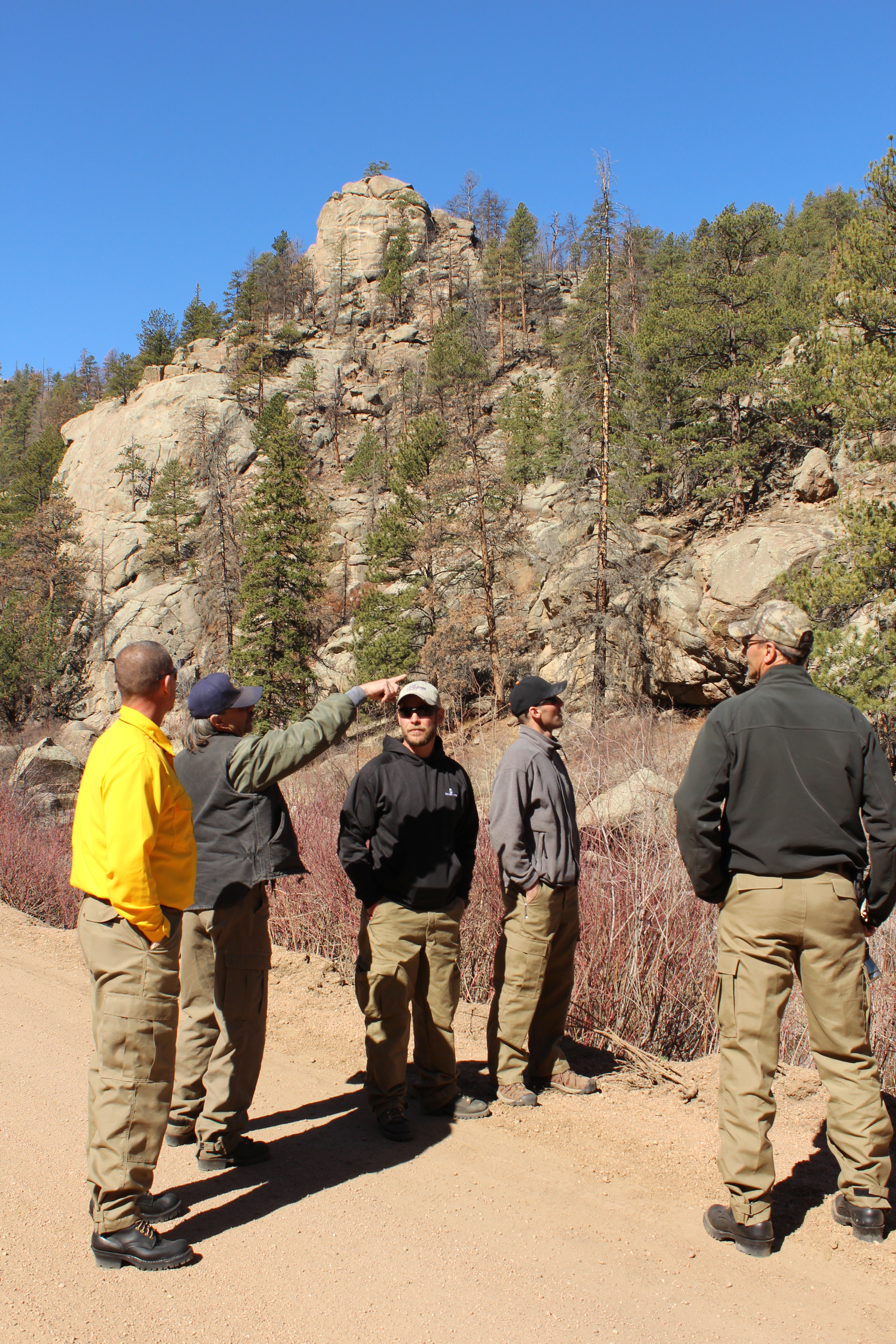 Strike team members evaluate evacuation routes in Eleven Mile Canyon. 